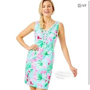 Lilly Pulitzer Veya Stretch Shift Dress - Aqua Al Fresco - Floral V-Neck Dress